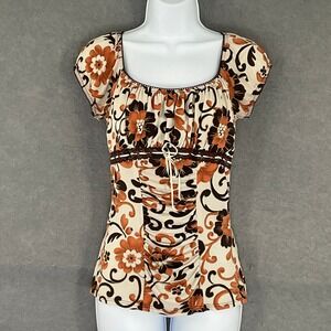 Vintage Studio Y Floral‎ Print Smocked Milkmaid Top Sz S Coquette Boho Y2K